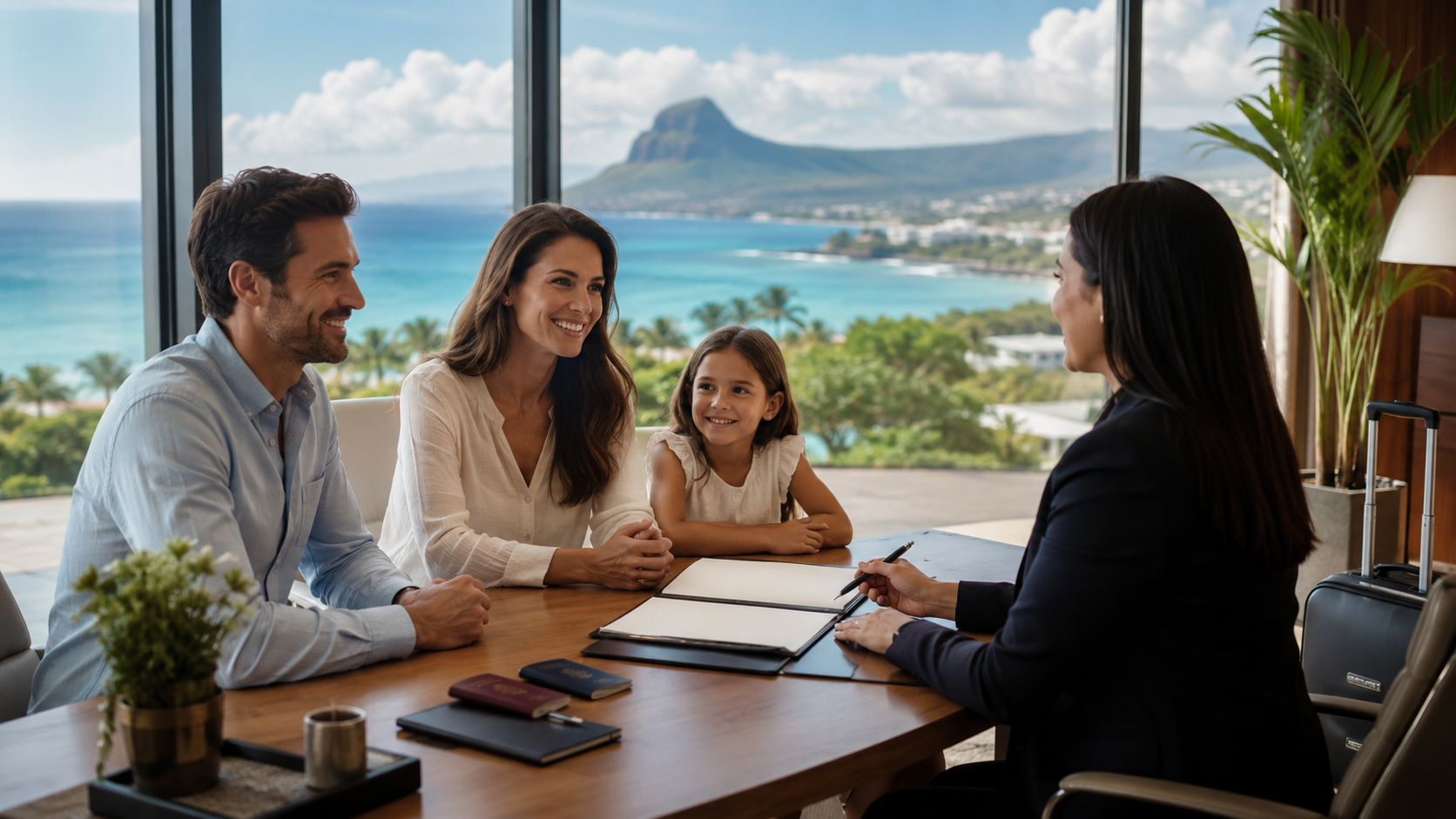Family consulting with an advisor in a Mauritius office overlooking the ocean