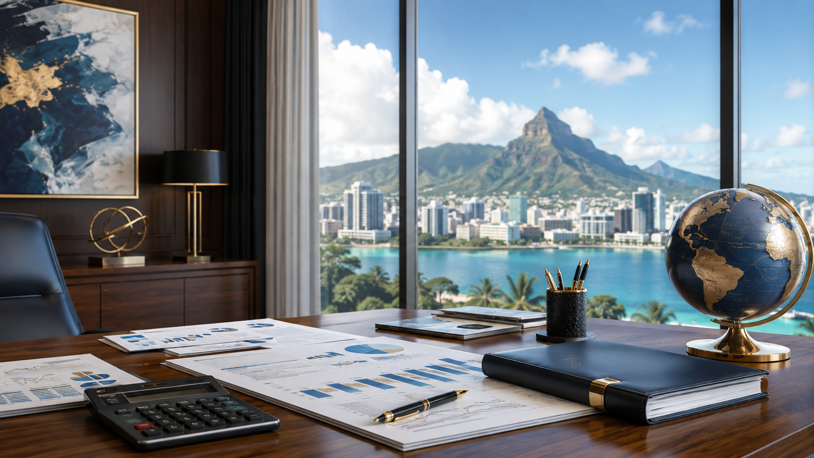 Premium Mauritius office desk with financial documents, calculator and globe overlooking Port Louis