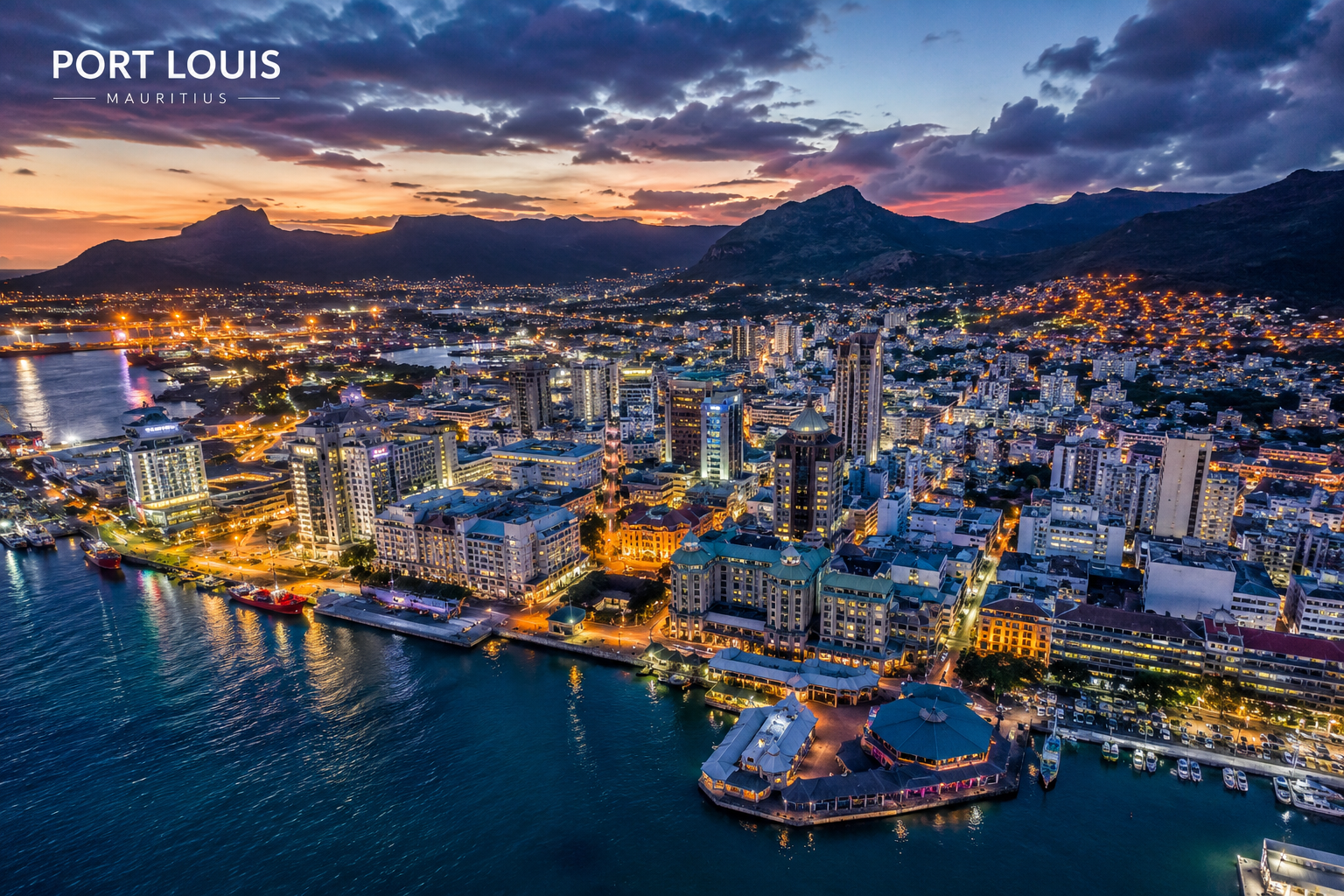 Port Louis harbour and cityscape at sunset