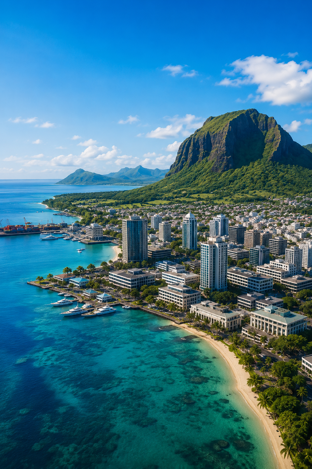 Aerial view of Port Louis, Mauritius with Le Morne Brabant and turquoise lagoon