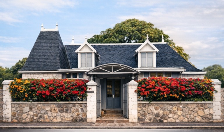 Fideco office exterior with stone walls and vibrant bougainvillea