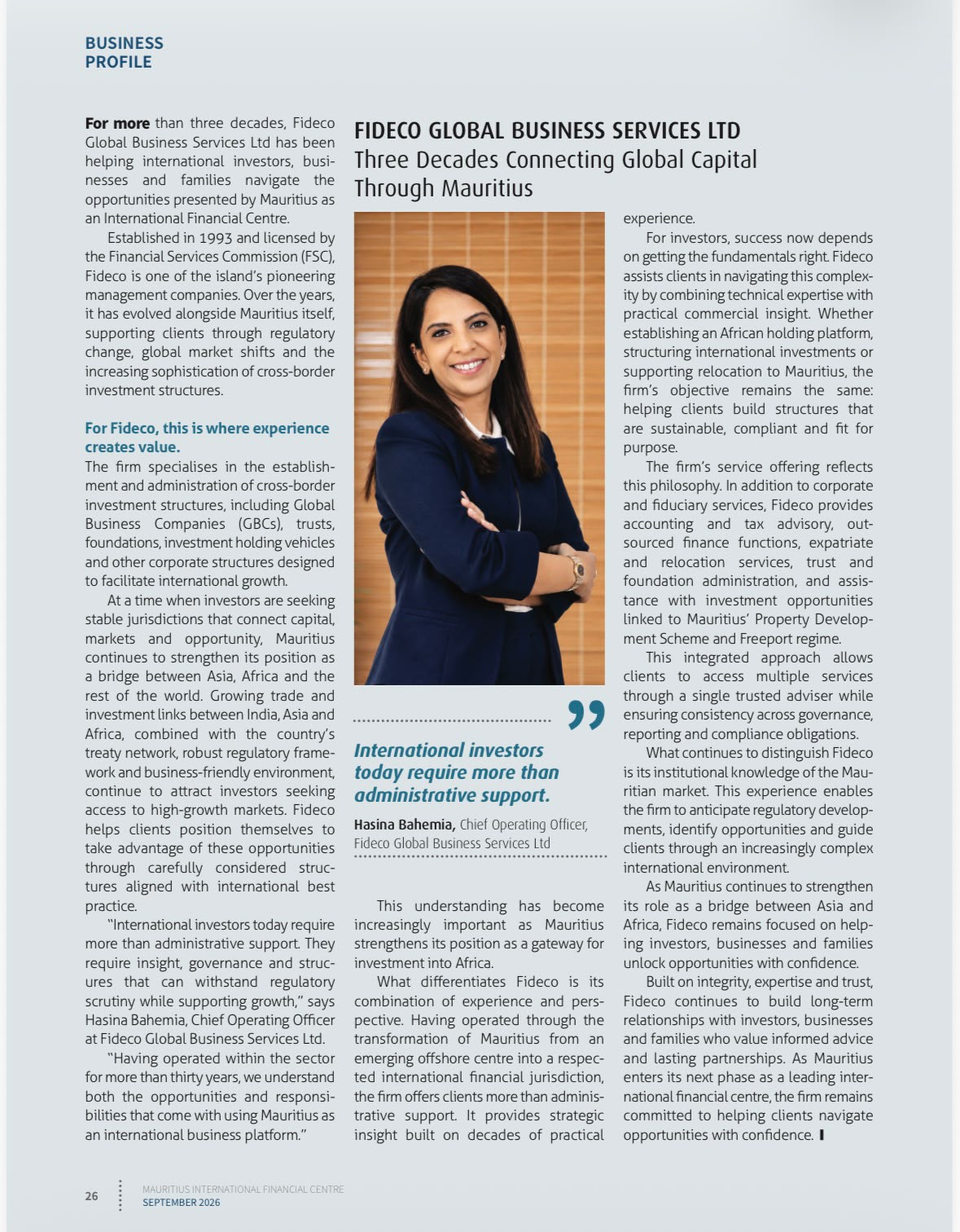 Mauritius International Financial Centre business profile featuring Fideco Global’s three decades of experience